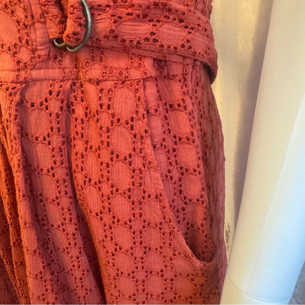 Anthropologie Elm Burnt Rust Orange Lacy Eyelet Sleeveless Collared Midi Dress - Picture 7 of 14